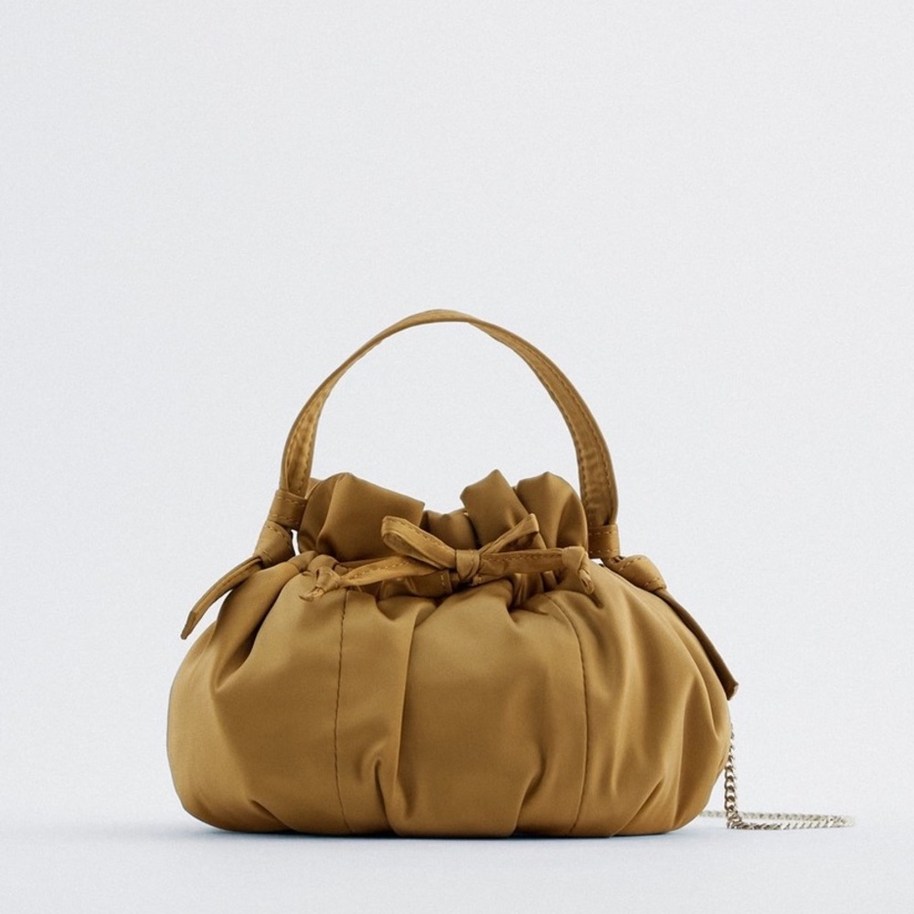 🆕ZARA GOLD NYLON SATIN MINI BUCKET BAG WITH SILVER CHAIN STRAP & SATIN BOWS NWT